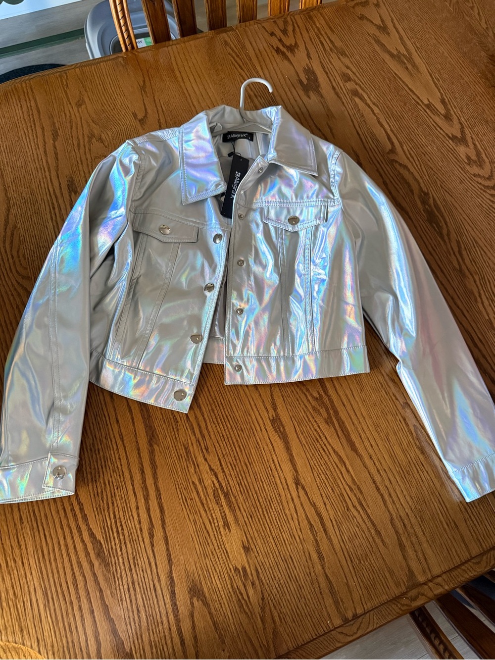 Allegra K Iridescent Silver Cropped Jean Jacket